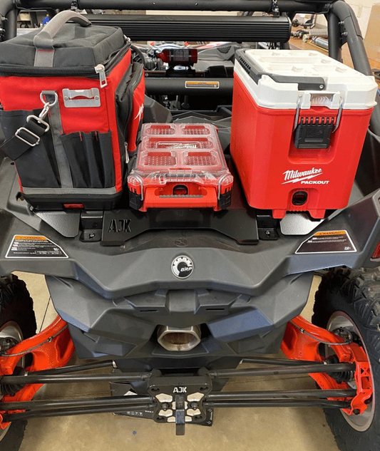 Can-Am X3 Milwaukee Packout Mount 1.5 by AJK Offroad Installed on Vehicles with 2 Kits and Cooler