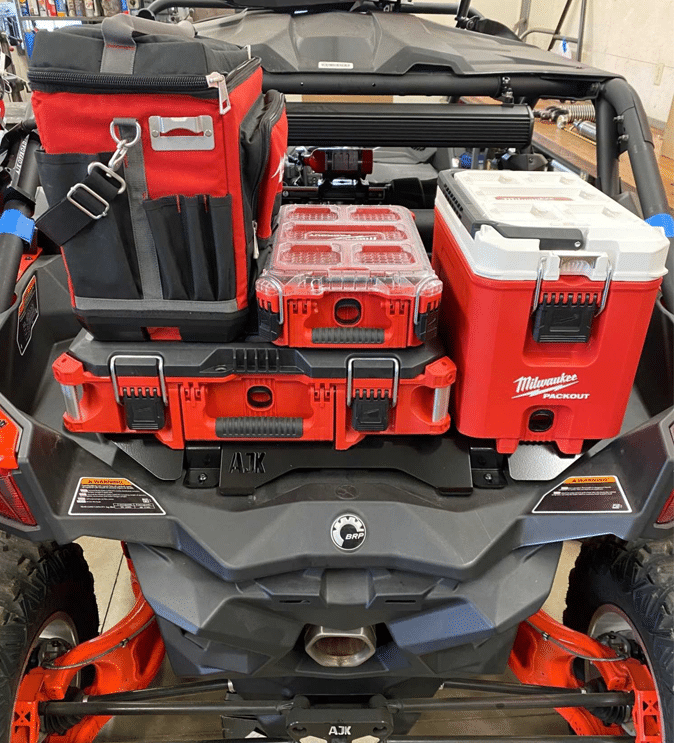 Can-Am X3 Milwaukee Packout Mount 1.5 AJK Offroad with 1 wide 2, and 2 kits stacked, and a cooler