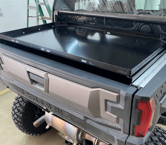 Polaris Xpedition Bed Tray by AJK Offroad Right Side Angle View with Tailgate Door Closed