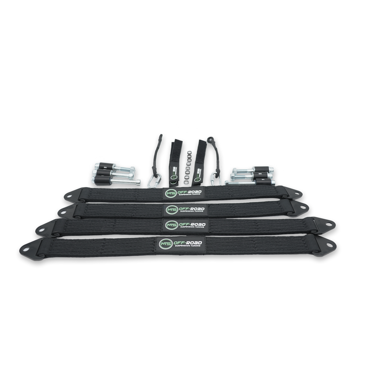 A set of black MTS Off-Road Polaris XPEDITION Limit Strap Kit designed for shock protection on off-road vehicles.