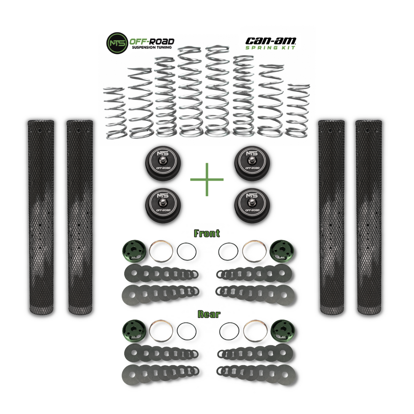 An image showcasing the components of the MTS Offroad Can-Am Maverick R Dual Rate Spring Kit and Valving Kit, including springs and valving parts.