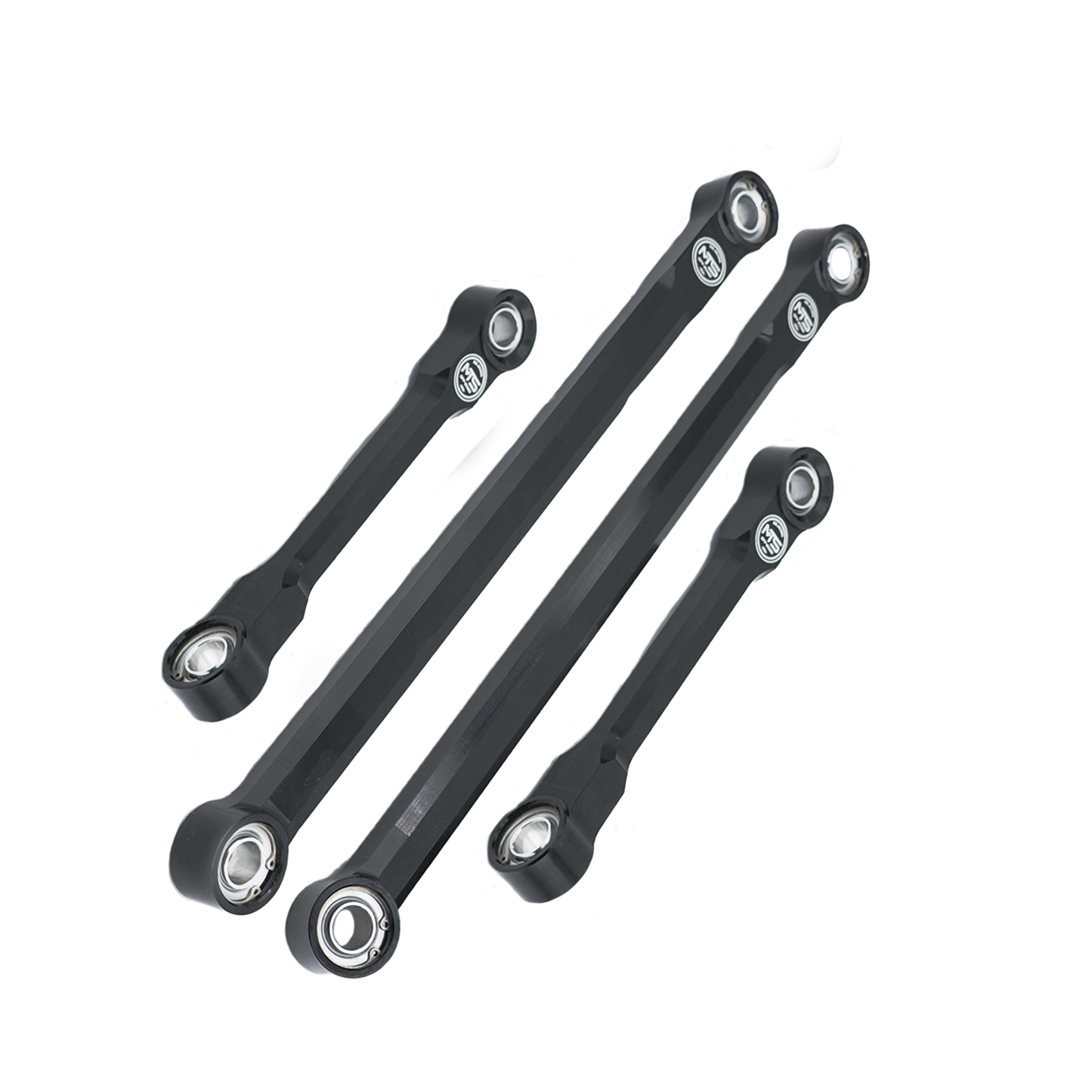 A set of black sway bar end links for a vehicle's suspension system on a transparent background