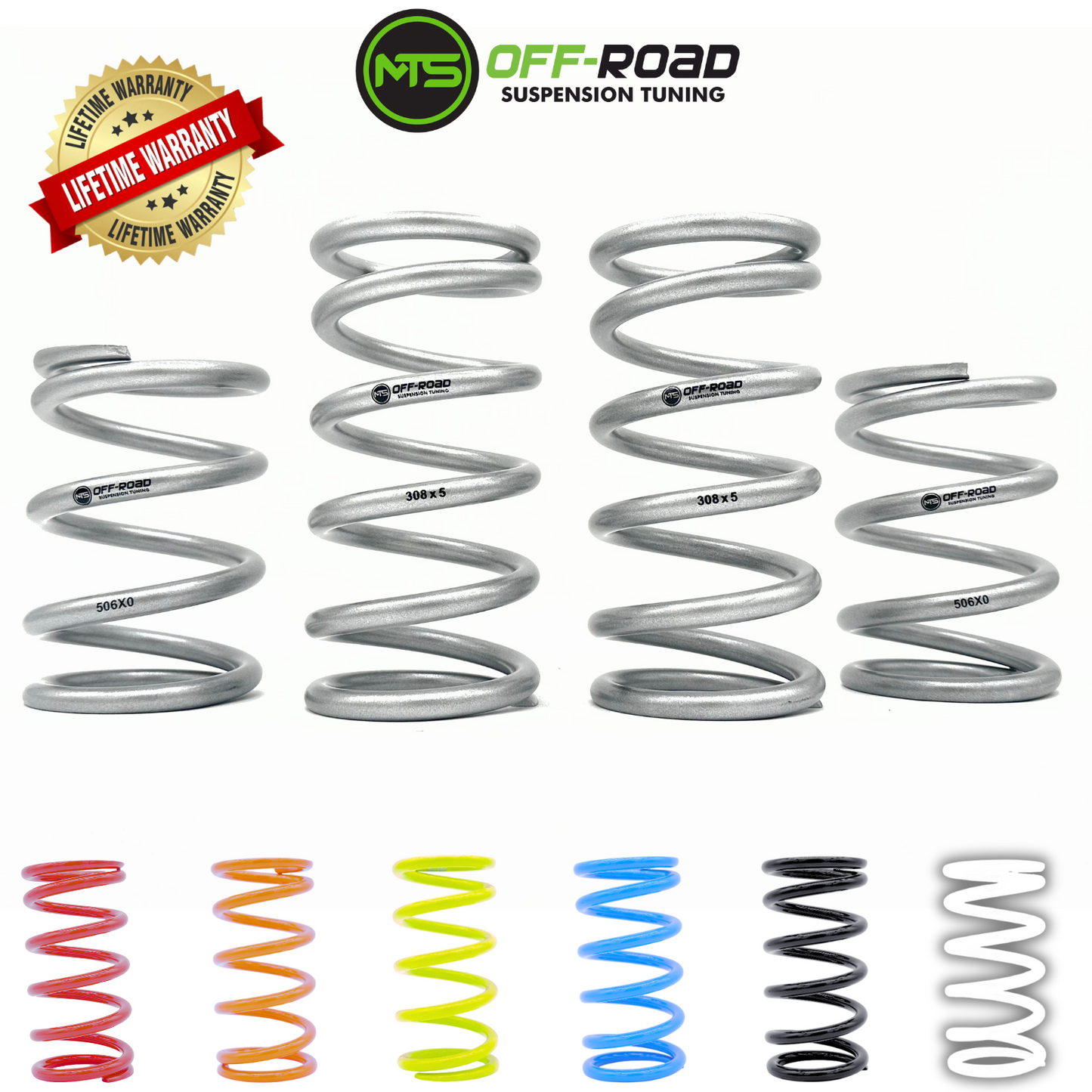 Set of suspension springs with MTS Off-Road branding and lifetime warranty badge on a white background.