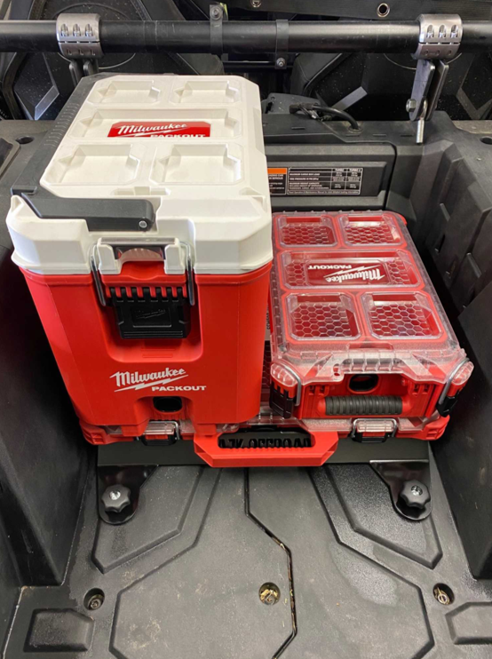 POLARIS RZR Packout Mount Short by AJK Offroad with two packs and a cooler