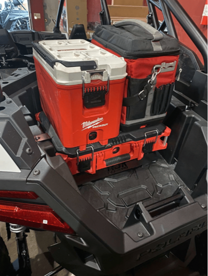 Polaris RZR PRO XP / Turbo R Packout Mount by AJK Offroad Close Up Left Side View of Two Kits and One Cooler