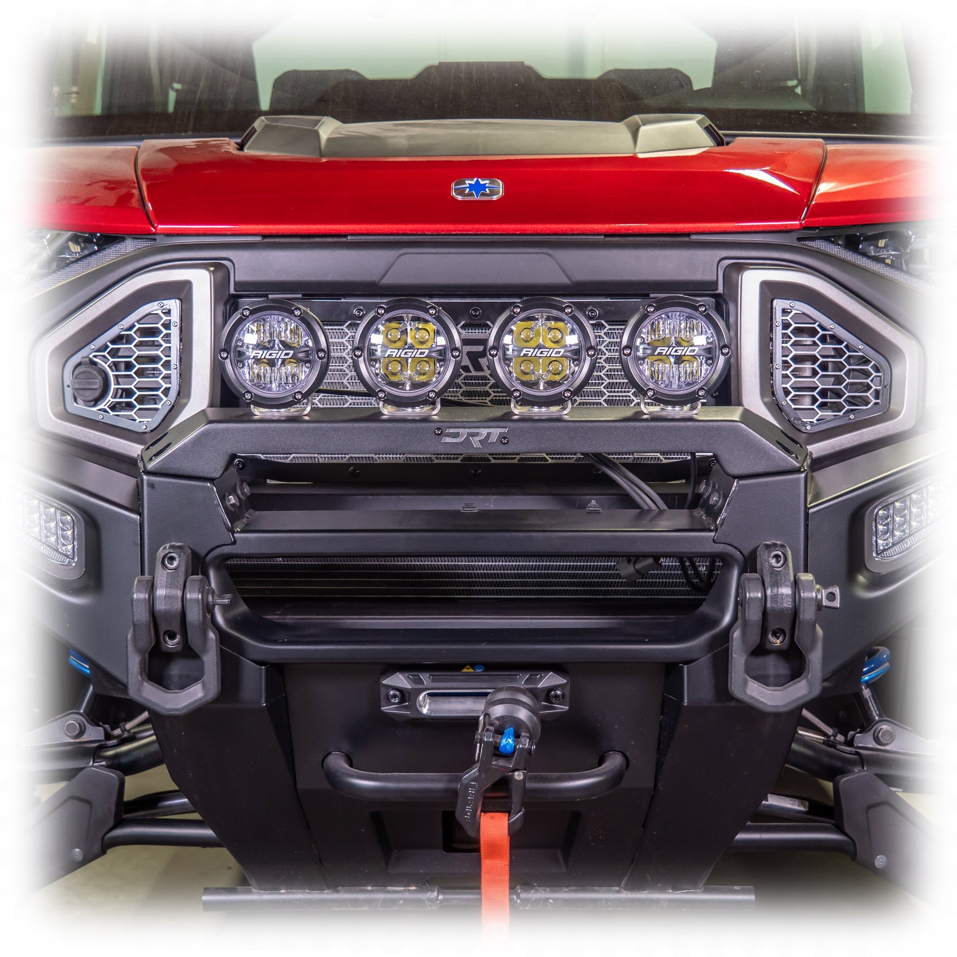 DRT Polaris Ranger XD 1500 2024 Front Bumper Light Bracket Kit with lights installed Close up
