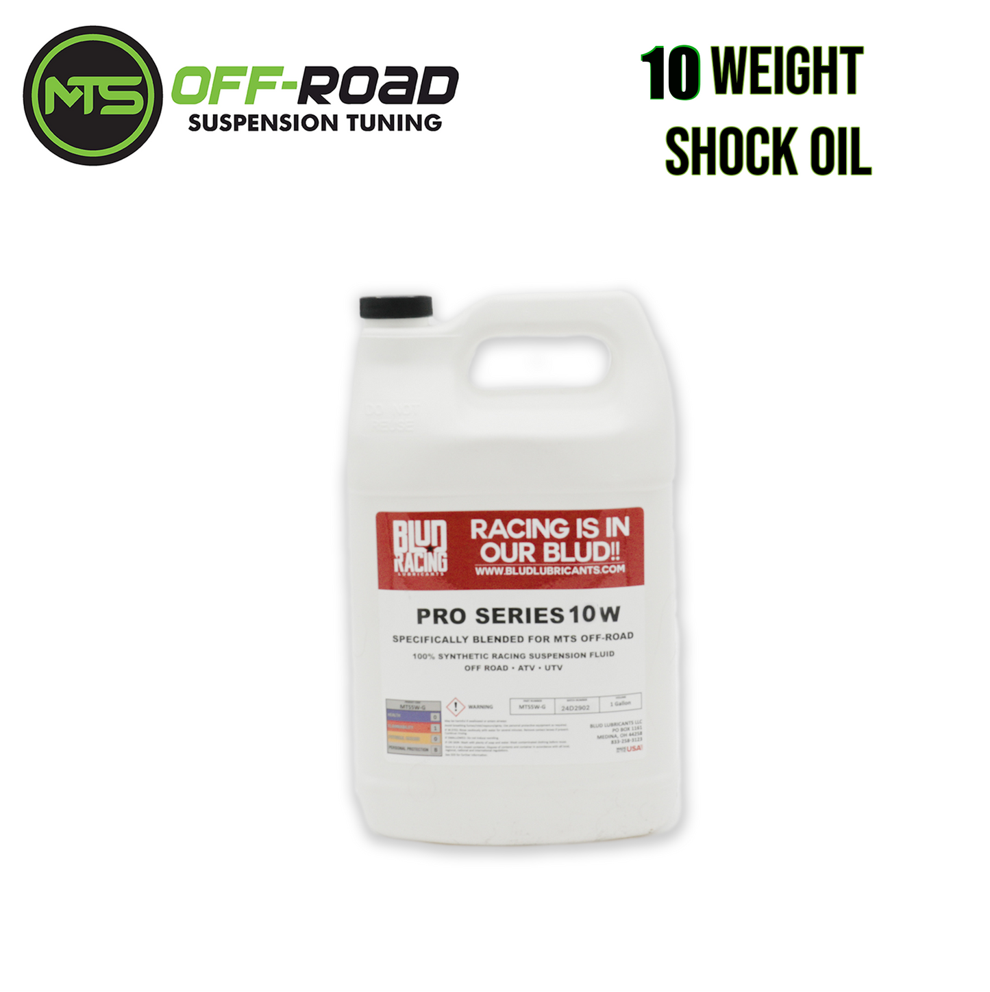 Gallon container of MTS Off-Road Pro Series 10W shock oil on a white background
