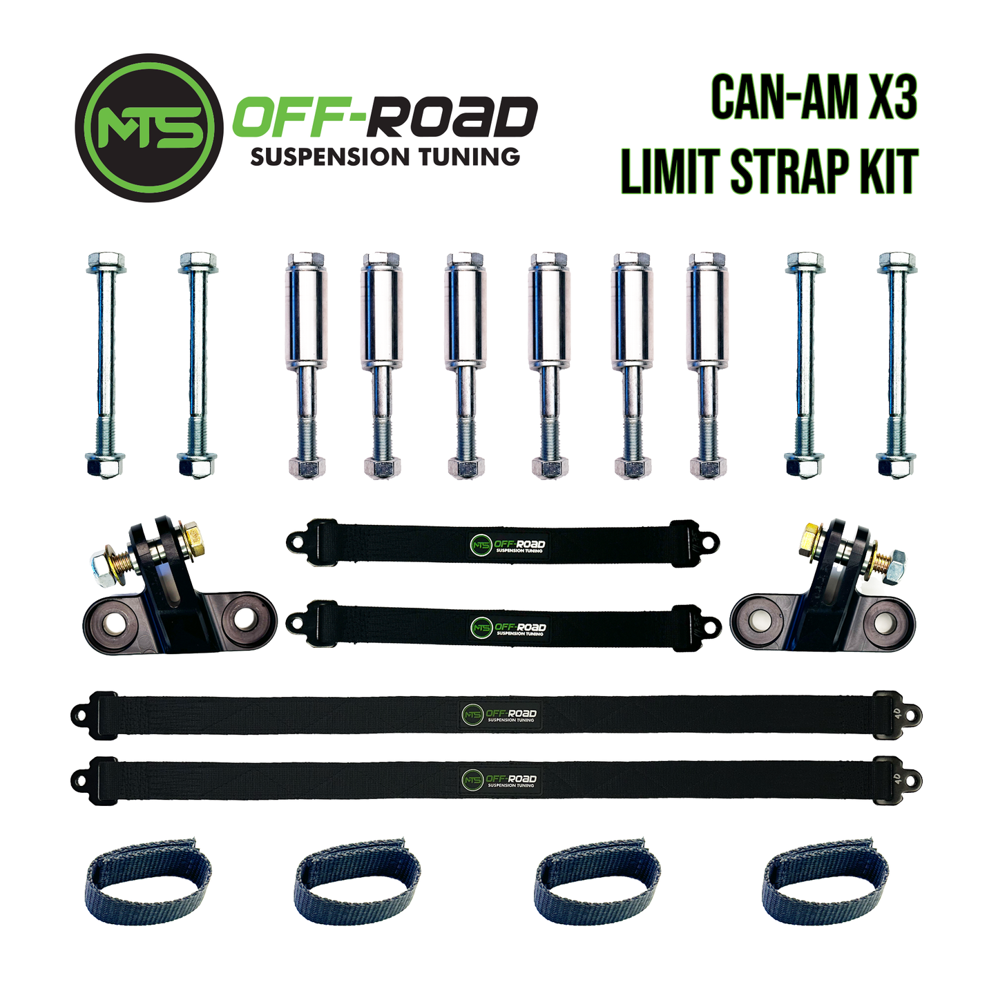 MTS Offroad black limit straps with metal hardware, designed for Can-Am X3 vehicles, laid out on a white background.