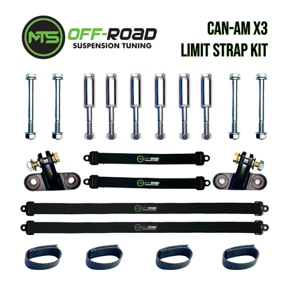MTS Offroad black limit straps with metal hardware, designed for Can-Am X3 vehicles, laid out on a white background.