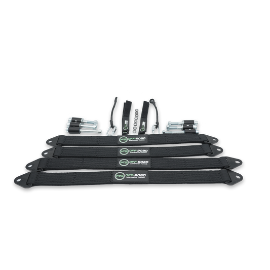 A set of black MTS Off-Road Polaris XPEDITION Limit Strap Kit designed for shock protection on off-road vehicles.