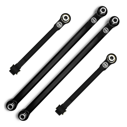 Four black tie rods with spherical ends on a white background