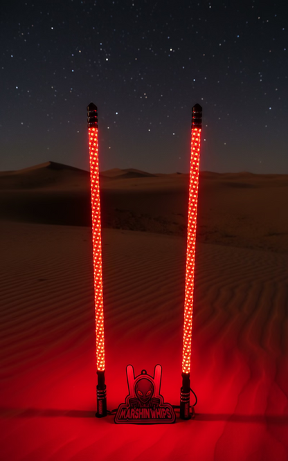 Red LED whips with a visible brand logo on a dunes background