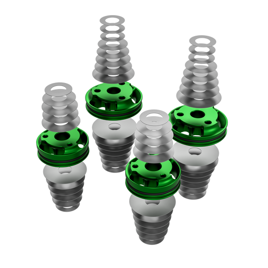 Set of mechanical components with green and silver colors on transparent background