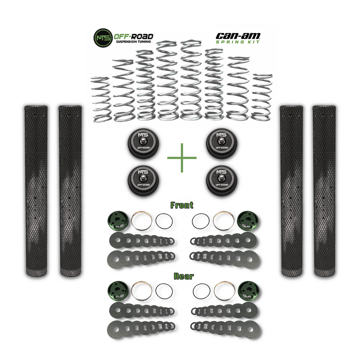 An image showcasing the components of the MTS Offroad Can-Am Maverick R Dual Rate Spring Kit and Valving Kit, including springs and valving parts.