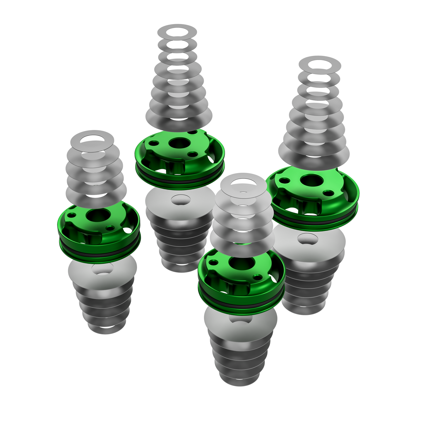 Set of mechanical components with green and silver colors on transparent background