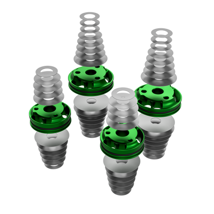Set of mechanical components with green and silver colors on transparent background