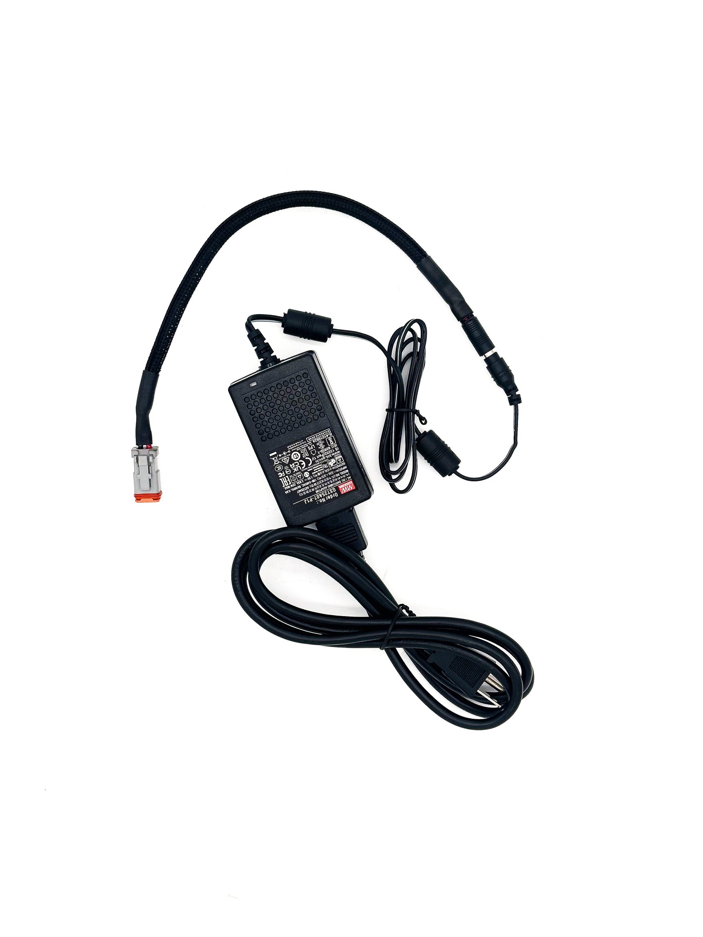 Black power adapter with cable on a white background