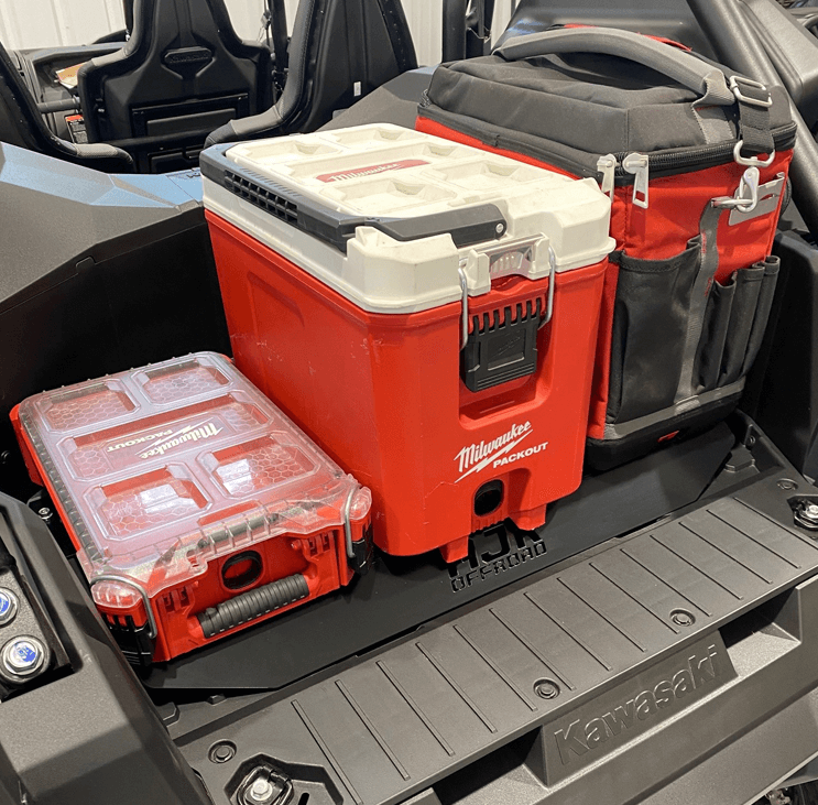 Kawasaki KRX Packout Mount 1.5 by AJK Offroad with 1 box and 2 coolers