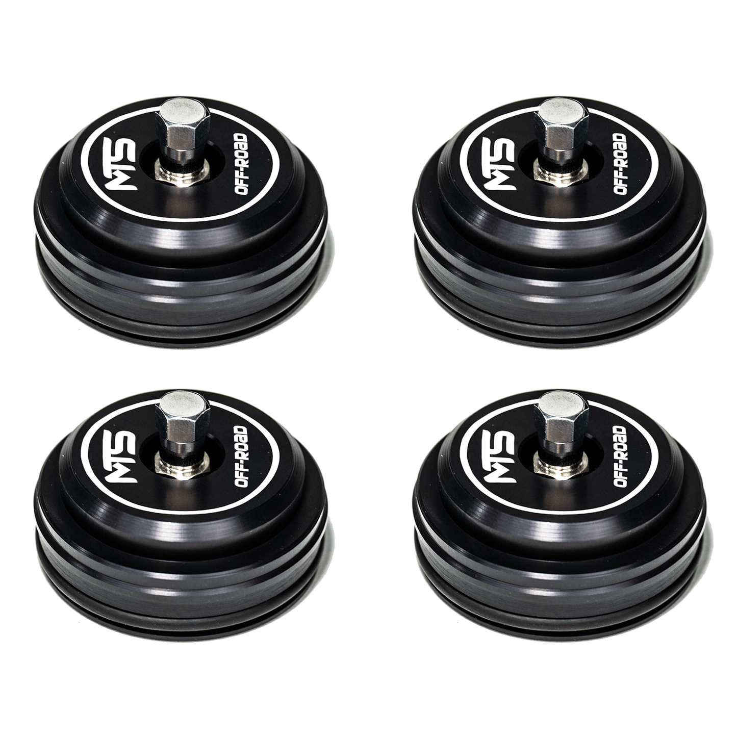 Four black MTS off-road components on a white background