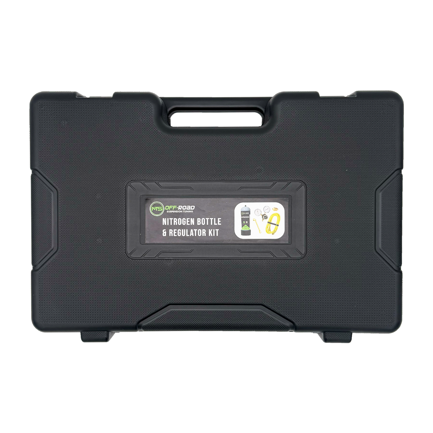 Black carrying case for a nitrogen bottle and regulator kit on a white background