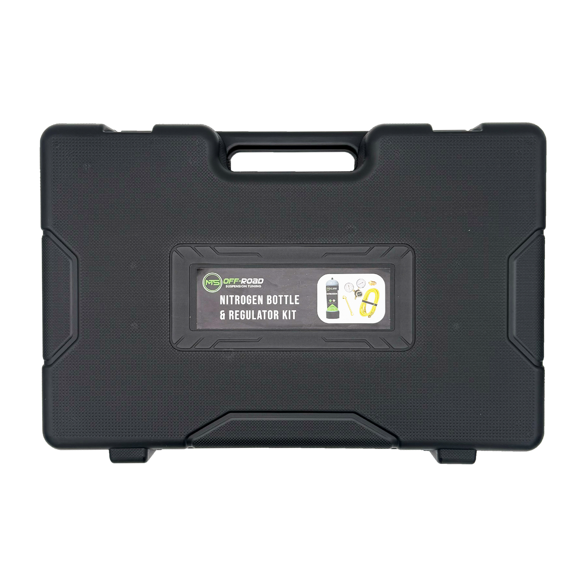 Black carrying case for a nitrogen bottle and regulator kit on a white background