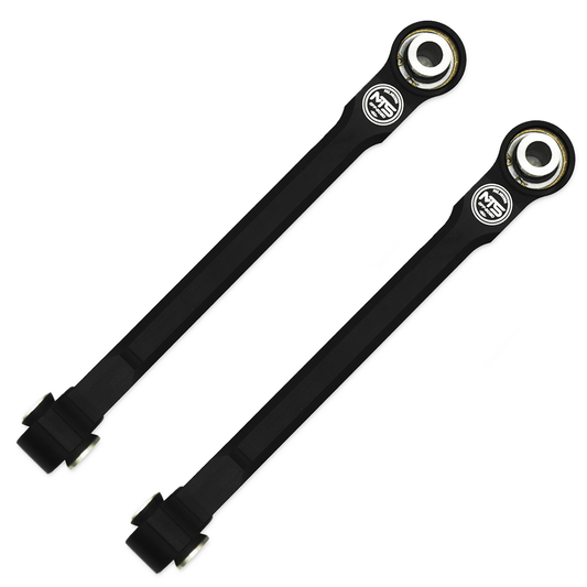 Two black metal links with spherical ends on a white background