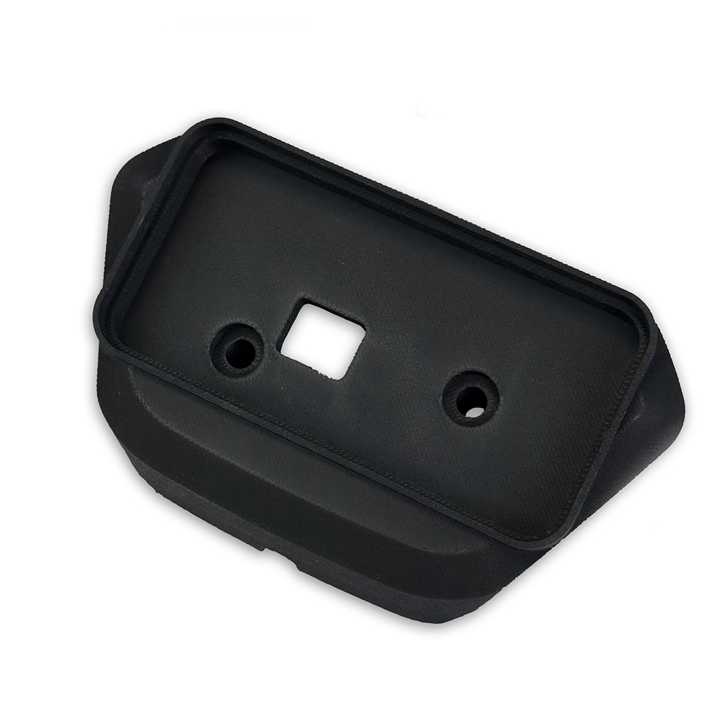 Black plastic component with a square hole and two circular holes on a white background