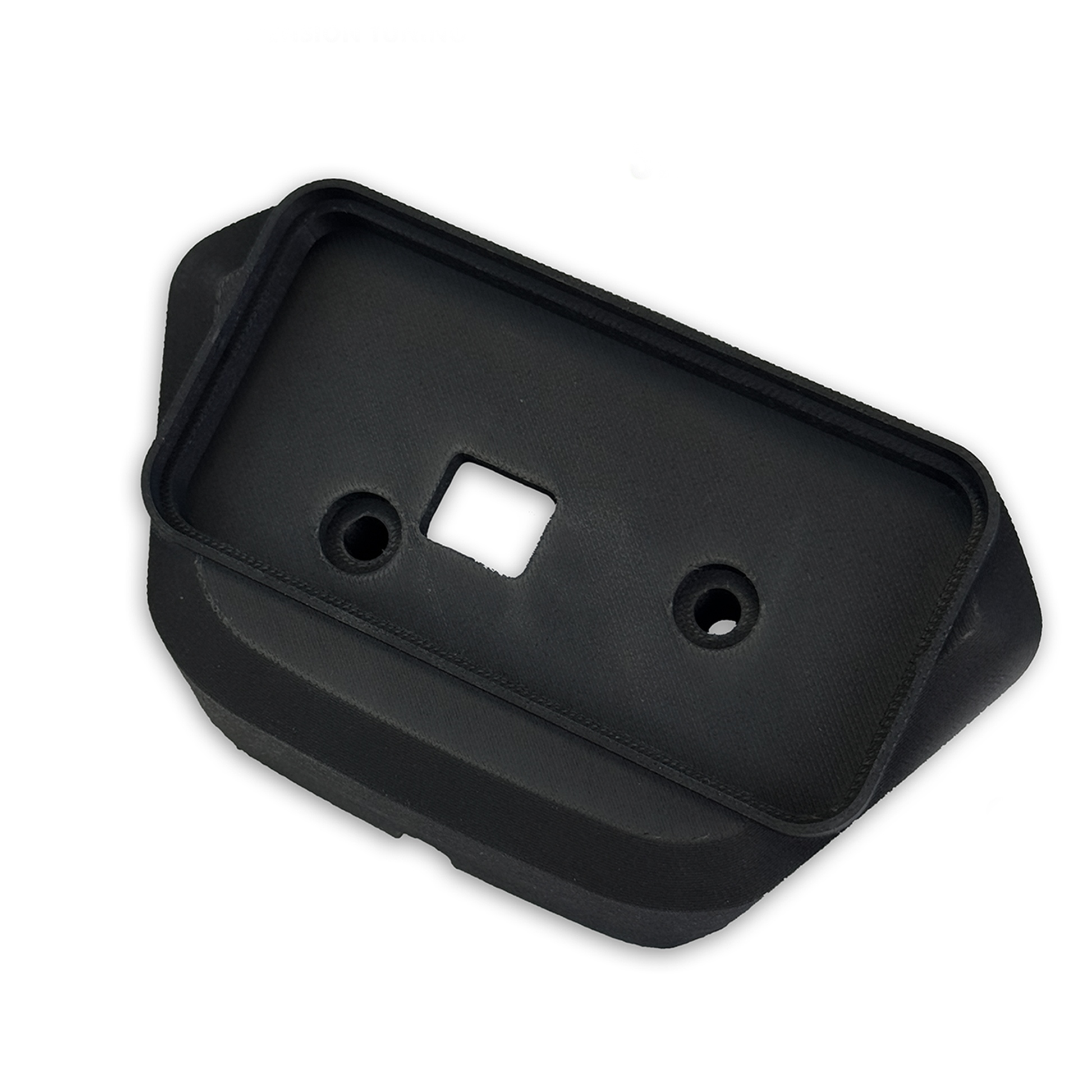 Black plastic component with a square hole and two circular holes on a white background