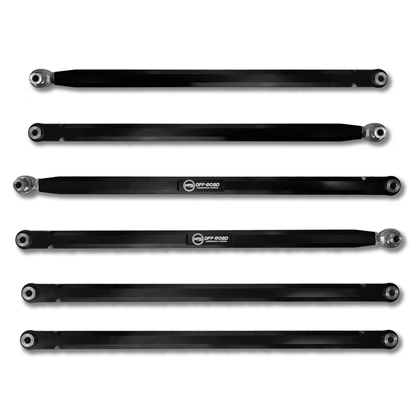 Set of five black metal links with branding on a white background