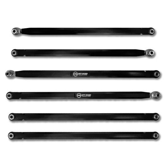 Set of five black metal links with branding on a white background