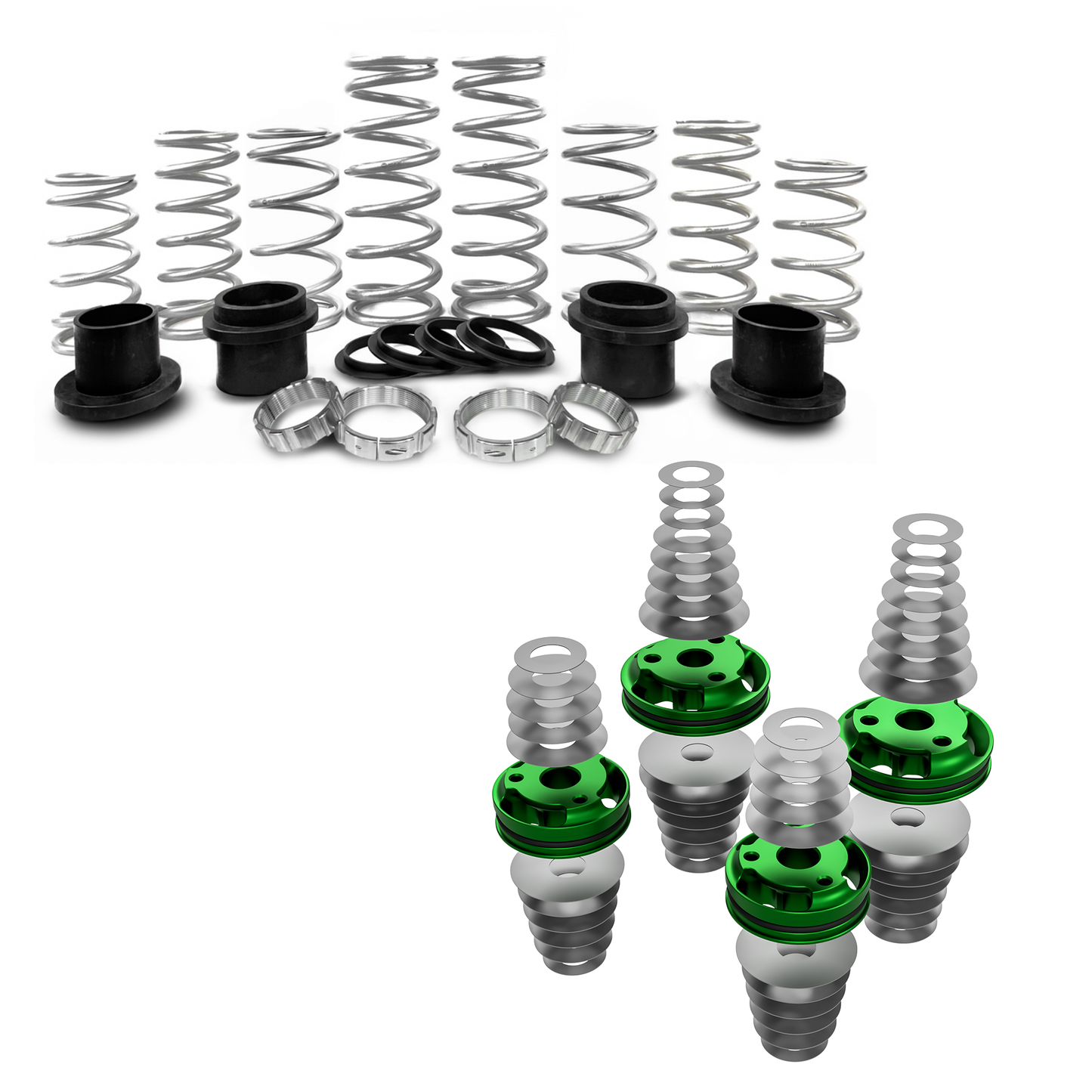 Collection of mechanical components including springs and metal parts on a white background