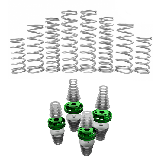 Set of metal springs with green and silver ends on a white background