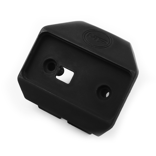 Black plastic component with a brand logo on a white background