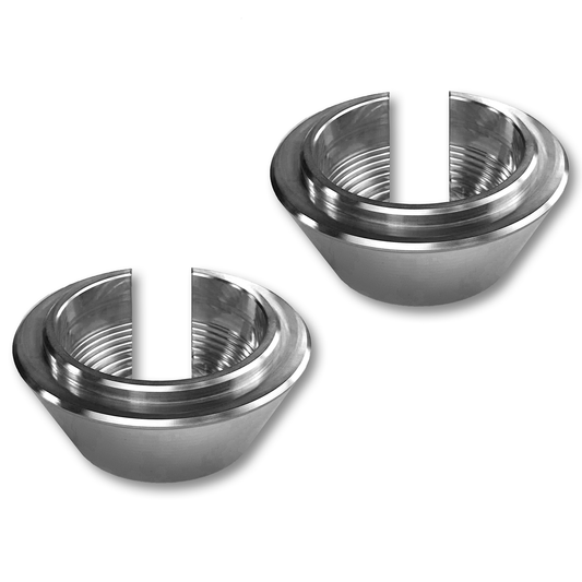 Two metallic bowls with threaded interior on a white background