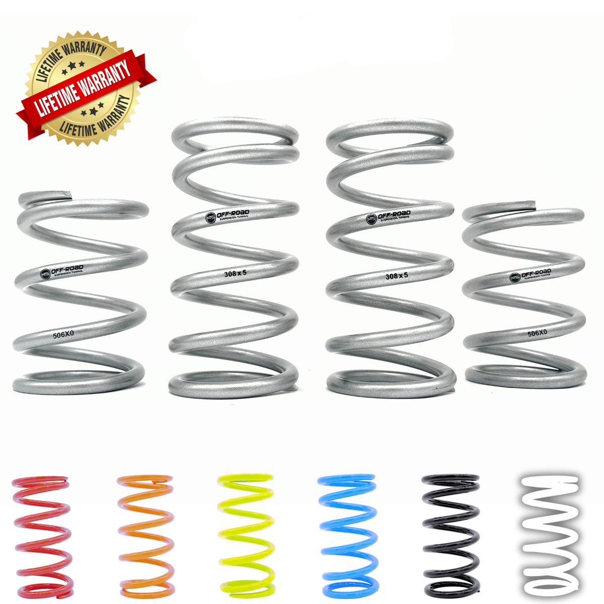 Set of coil springs with a lifetime warranty badge on a white background