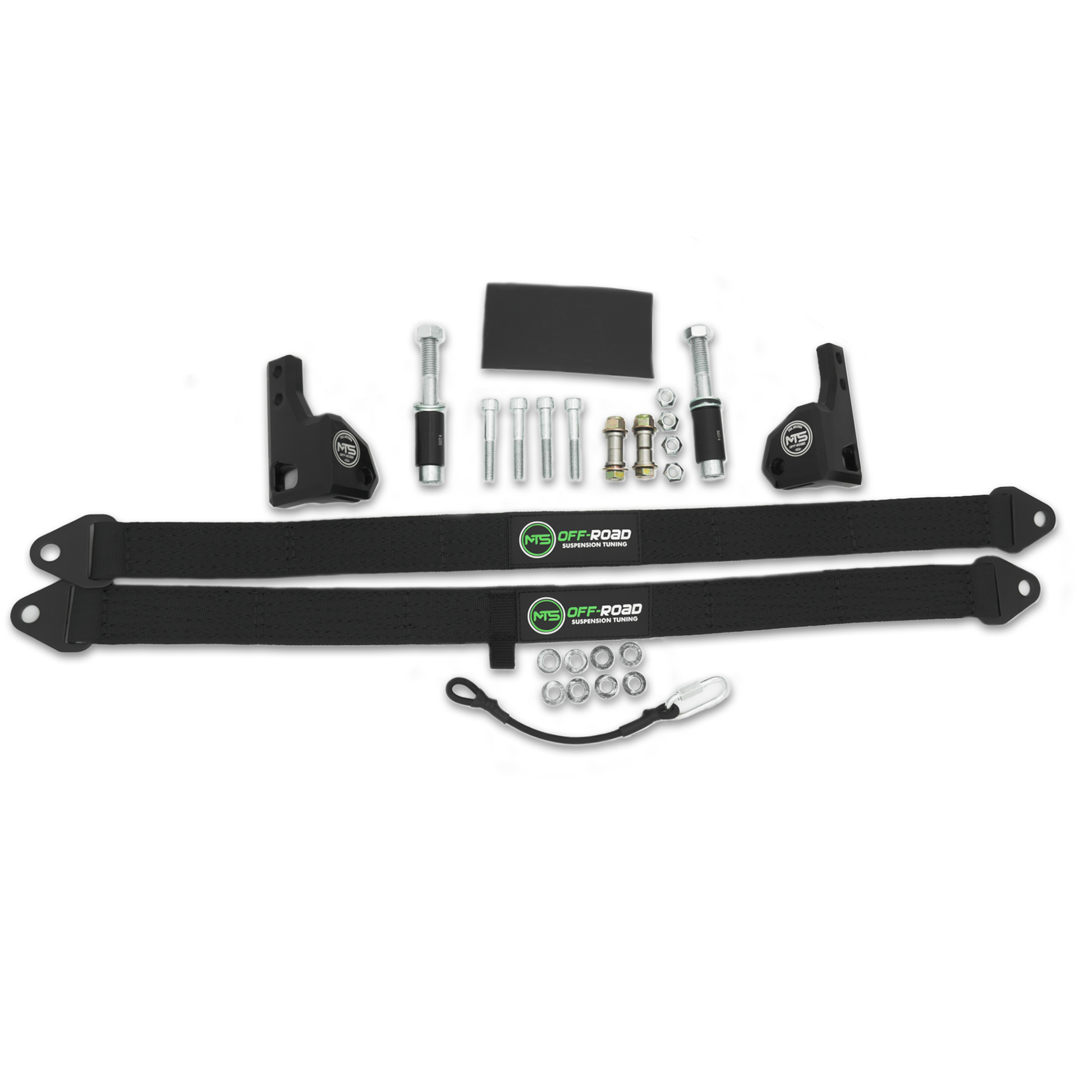 Set of black off-road suspension components on a white background
