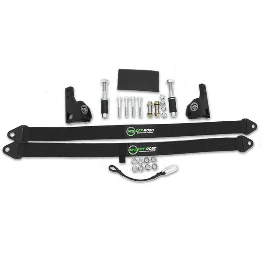 Set of black off-road suspension components on a white background