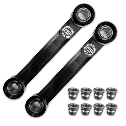Two black metal connecting rods with metal bearings on a white background
