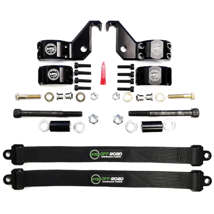 Set of off-road suspension components on a white background