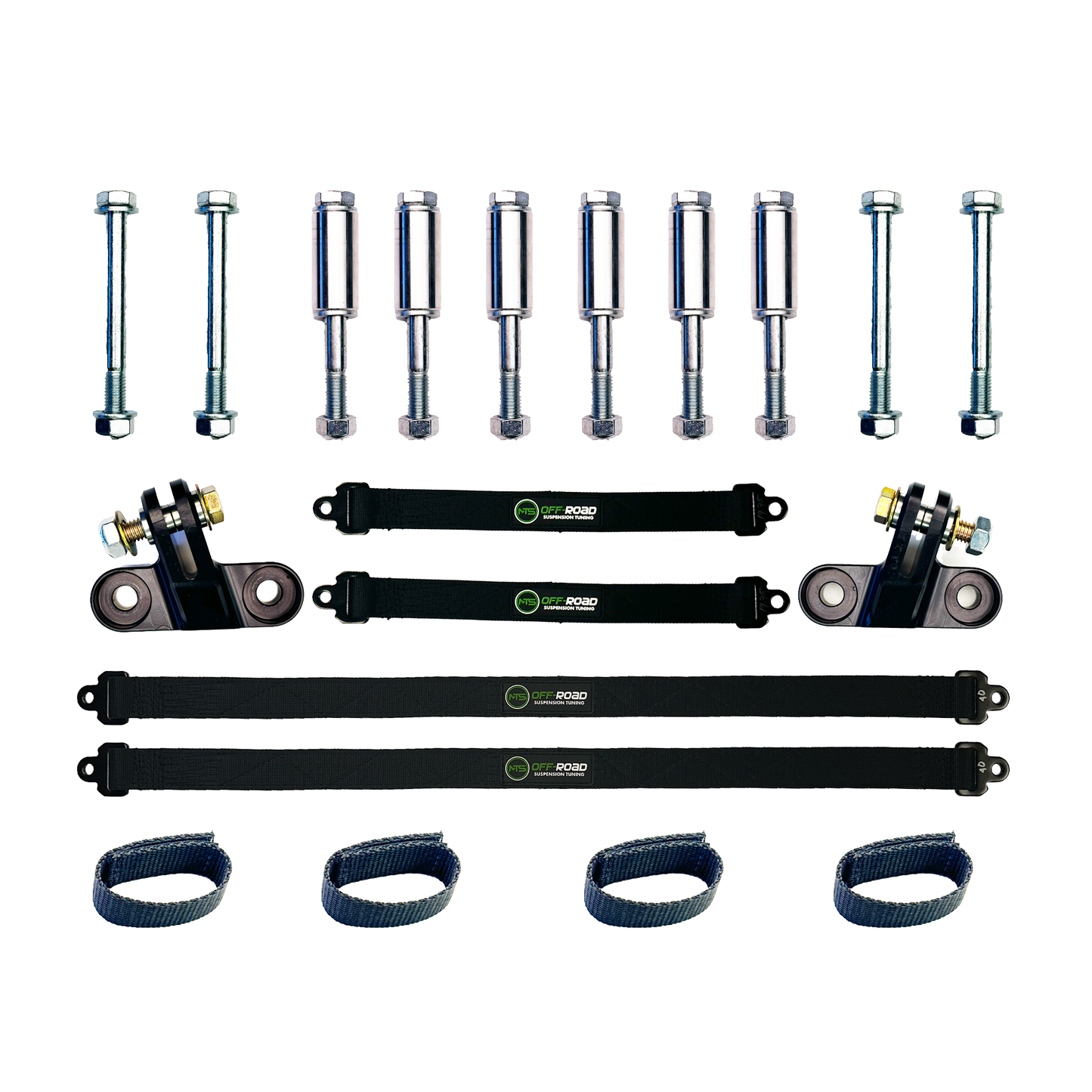 Set of automotive suspension components on a white background