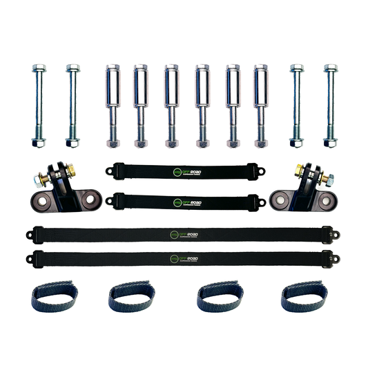 Set of automotive suspension components on a white background