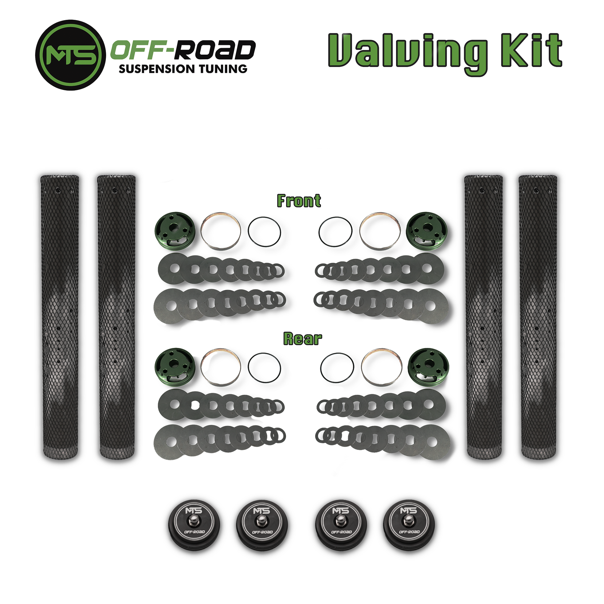 Assortment of vehicle valving kit parts arranged separately for front and rear, primarily in silver and green colors, with the MTS Offroad logo at the top.