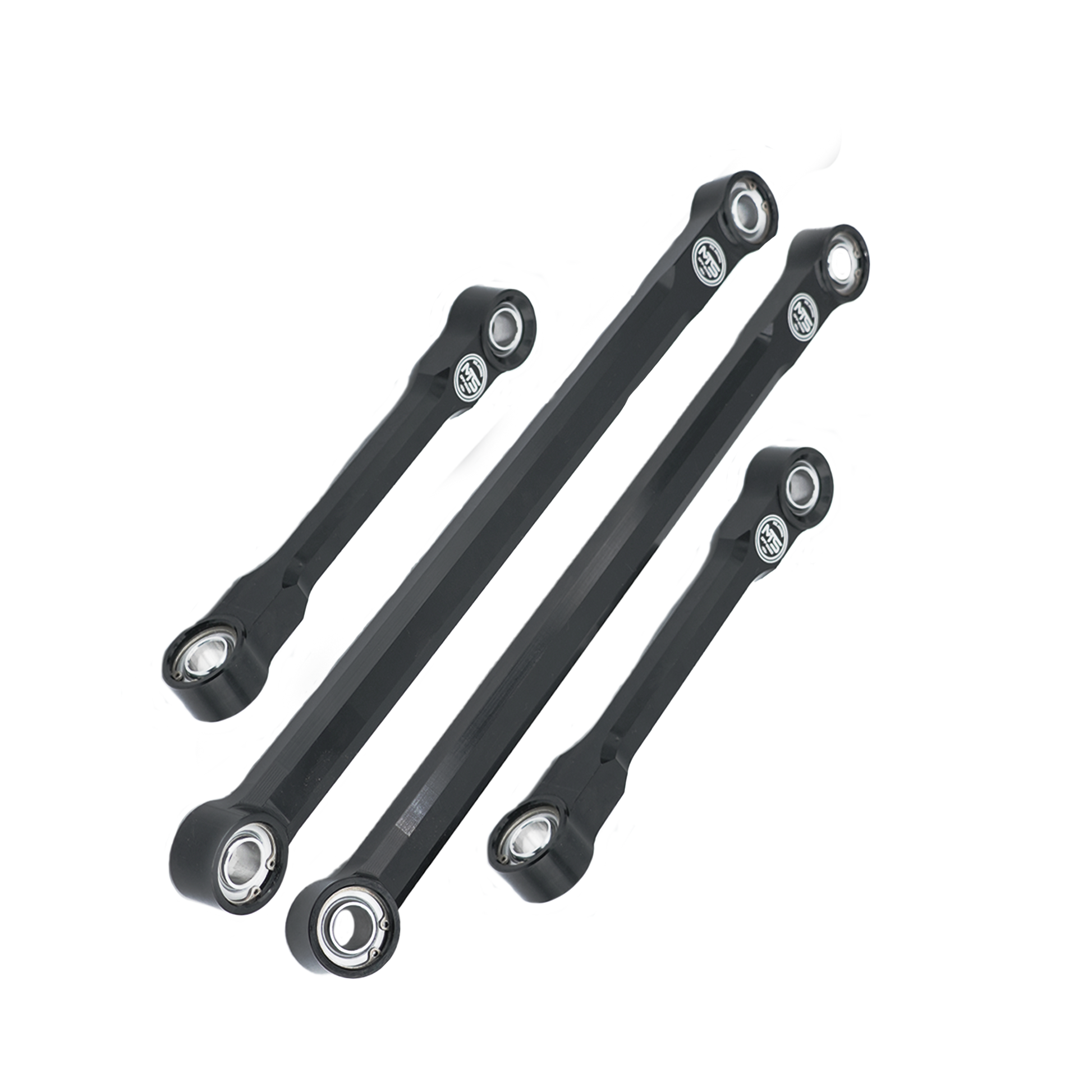 A set of black sway bar end links for a vehicle's suspension system on a transparent background