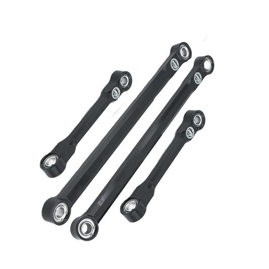 A set of black sway bar end links for a vehicle's suspension system on a transparent background