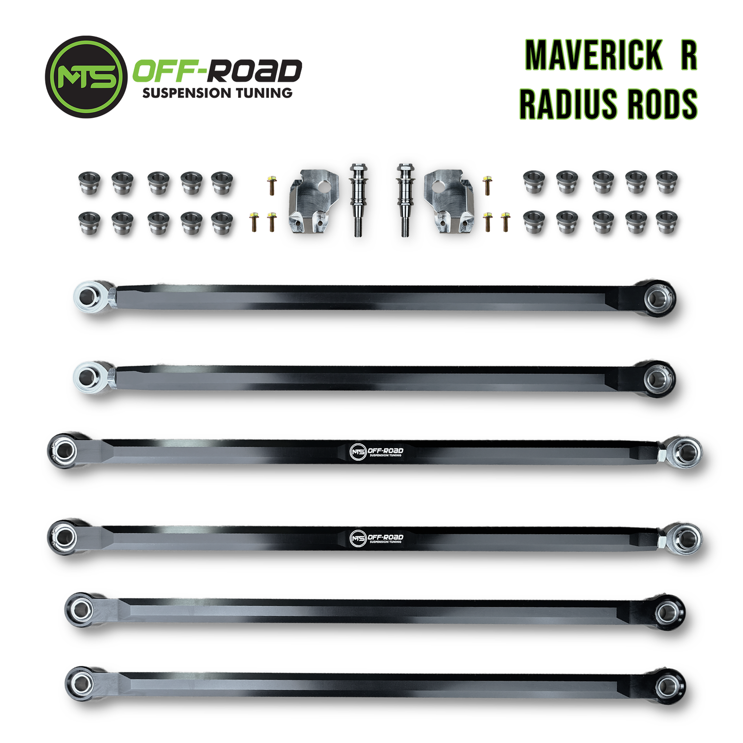 Set of MTS Off-Road Can-Am Maverick R Radius Rods, featuring multiple metallic rods along with mounting hardware, displayed on a white background.