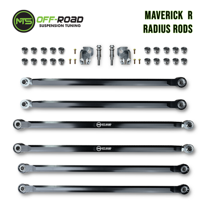 Set of MTS Off-Road Can-Am Maverick R Radius Rods, featuring multiple metallic rods along with mounting hardware, displayed on a white background.