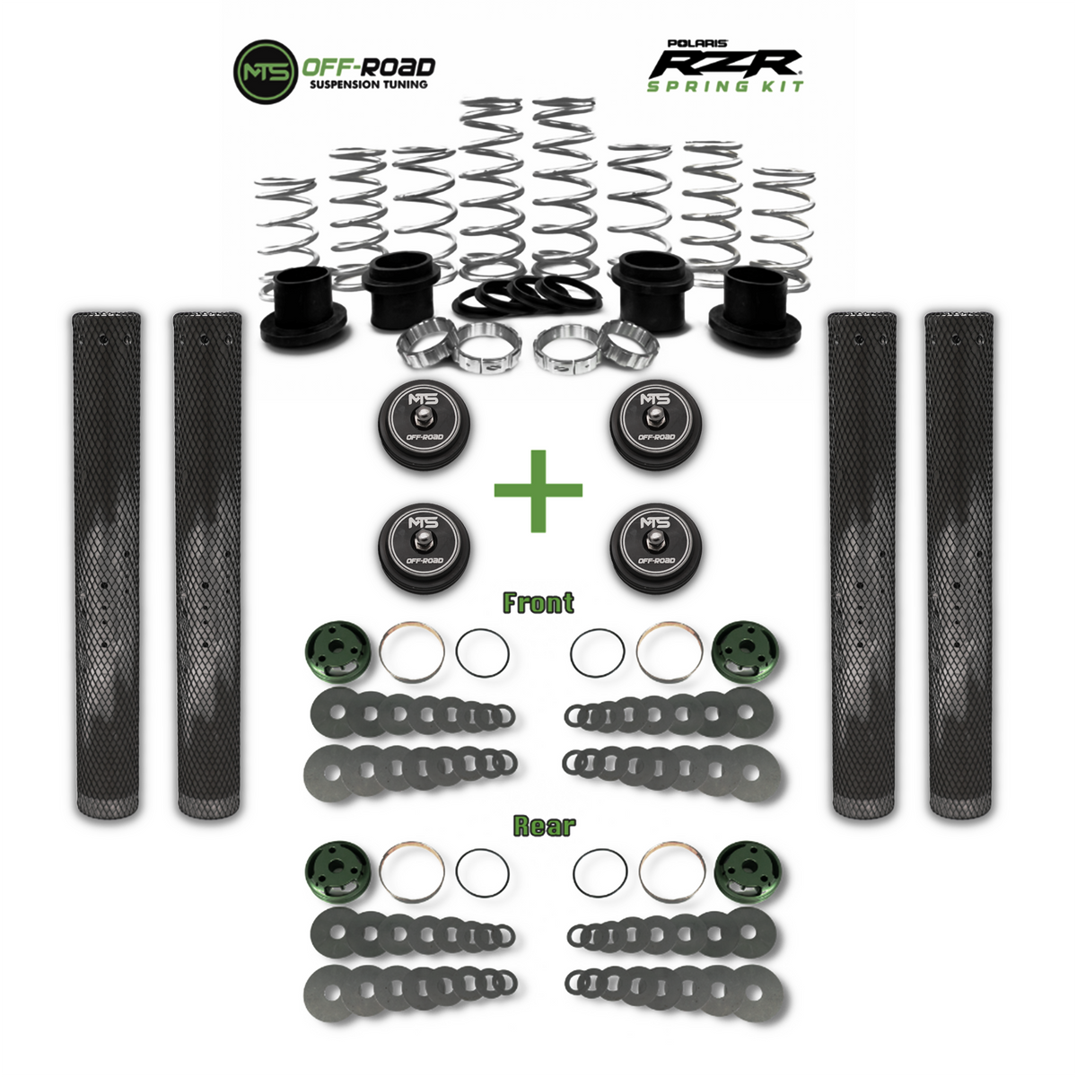 An image showcasing a set of off-road vehicle suspension parts including springs and valving, labeled for front and rear axles.