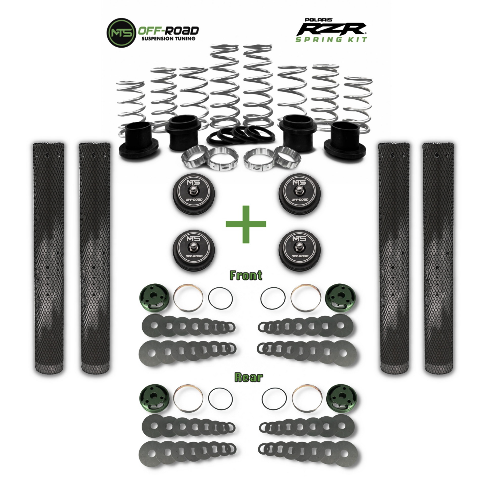An image showcasing a set of off-road vehicle suspension parts including springs and valving, labeled for front and rear axles.