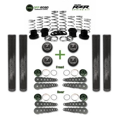 An image showcasing a set of off-road vehicle suspension parts including springs and valving, labeled for front and rear axles.