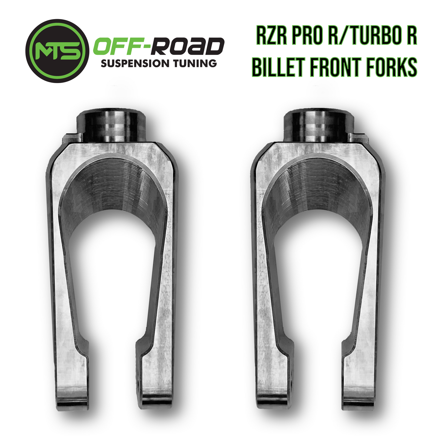 Pair of billet front shock forks designed for Polaris RZR, with the brand logo 'MTS Off-Road Suspension Tuning' displayed at the top.